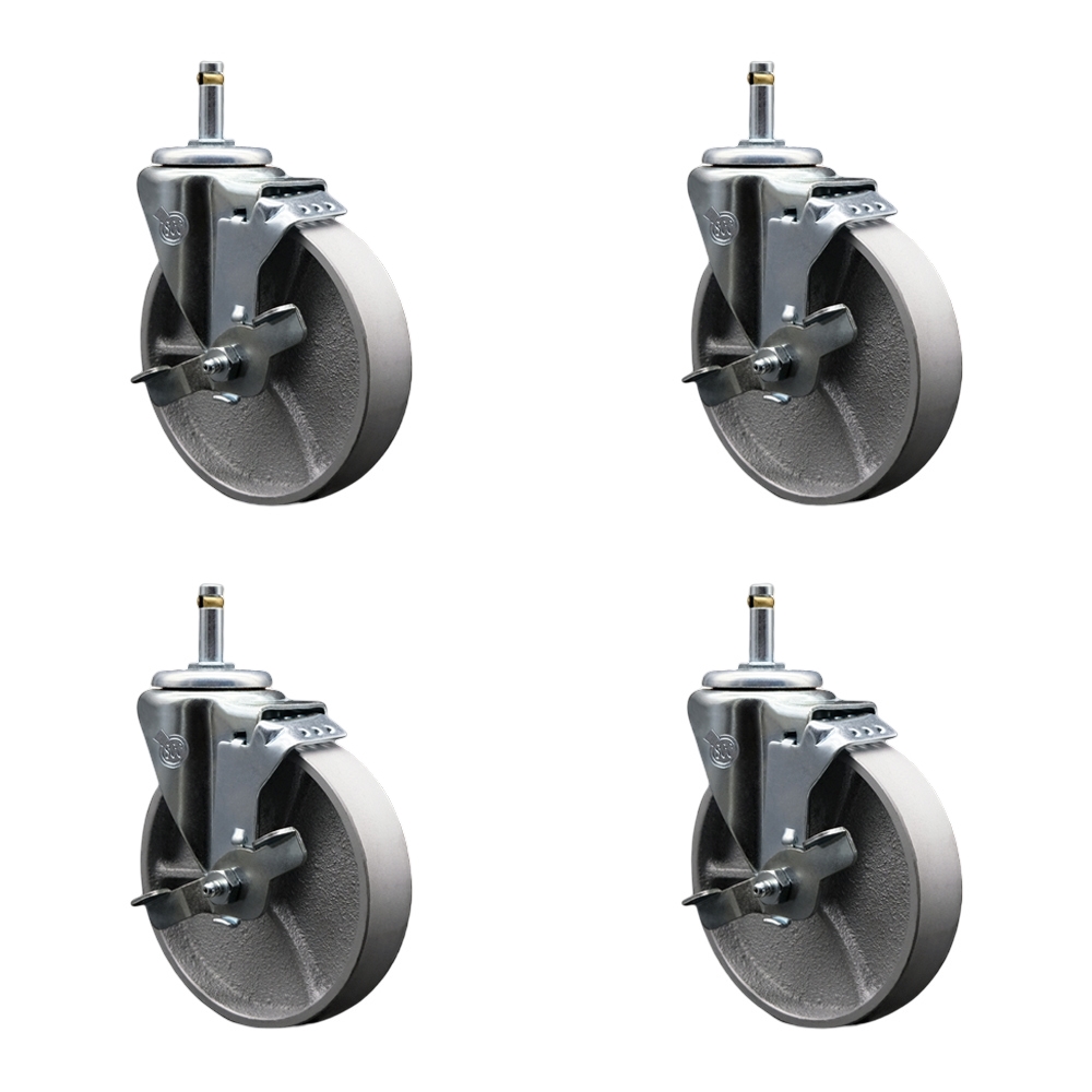 Semi Steel Cast Iron Swivel Grip Ring Stem Caster w/Roller Bearings Set of 4 w/5" x 1.5" Silver Wheels and 7/16" Stems - Includes 4 with Top Lock Brakes - 1200lbs Total Capacity - Service Caster Brand — photo 1
