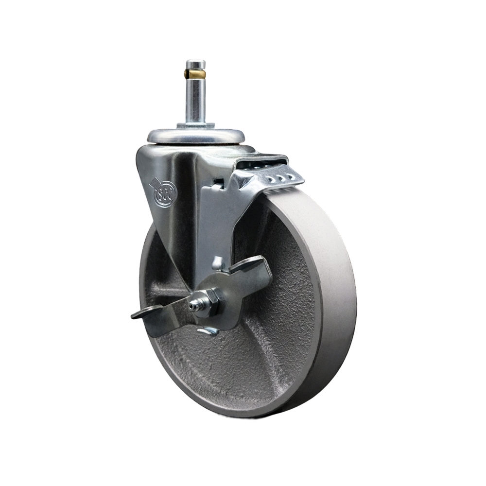 Semi Steel Cast Iron Swivel Grip Ring Stem Caster - 5" x 1.25" Silver Wheel and 7/16" Stem & Top Locking Brake - 300 lbs Capacity/Caster - Service Caster Brand — photo 1