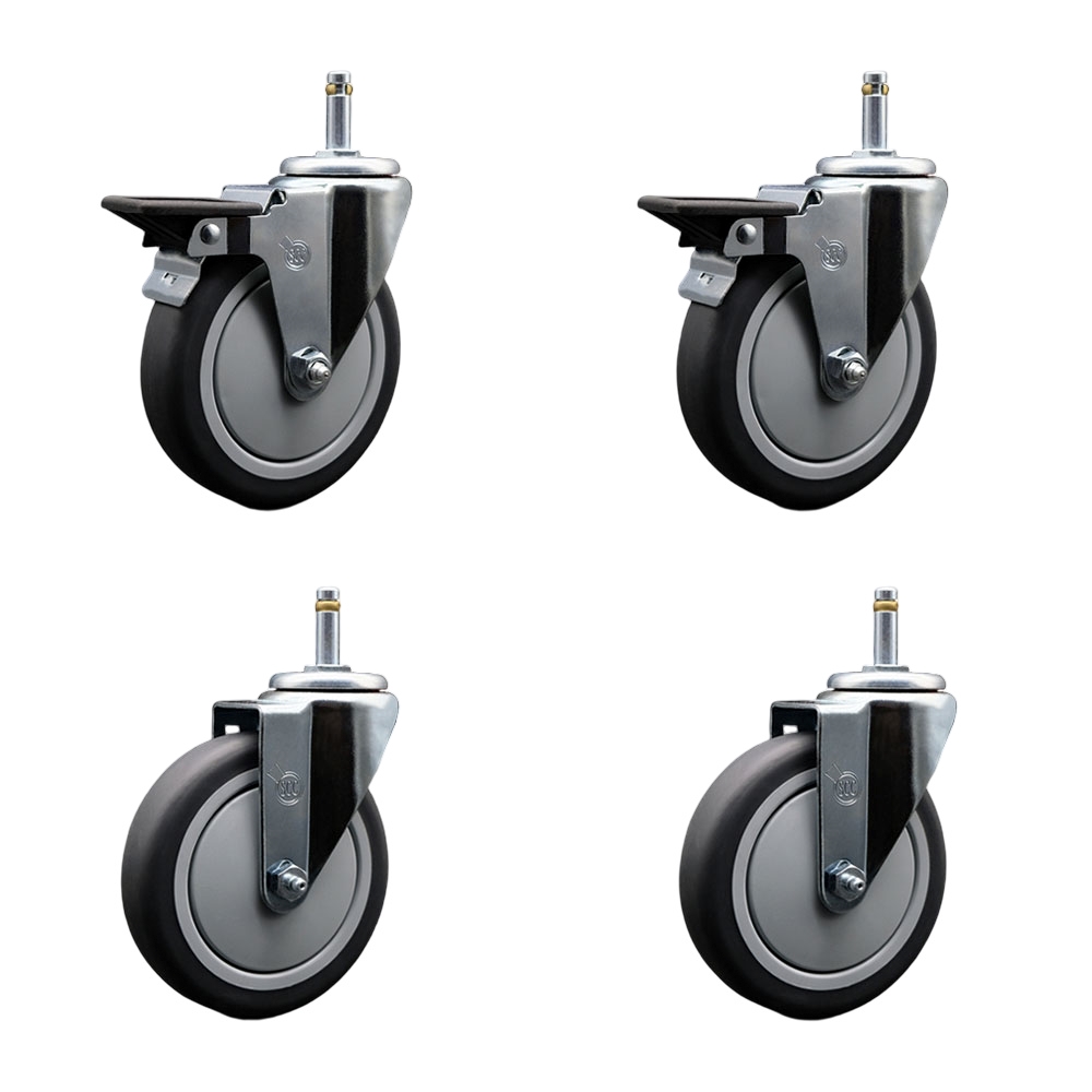 Thermoplastic Rubber Swivel Grip Ring Stem Caster Set of 4 - 5" x 1.25" Gray Wheels and 7/16" Stems - Includes 2 with Posi Locking Brake - 1200 lbs Total Capacity - Service Caster Brand — photo 1