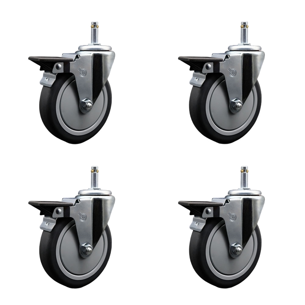 Thermoplastic Rubber Swivel Grip Ring Stem Caster Set of 4 w/5" x 1.25" Gray Wheels and 7/16" Stems - Includes 4 with Posi Lock Brakes - 1200 lbs Total Capacity - Service Caster Brand — photo 1