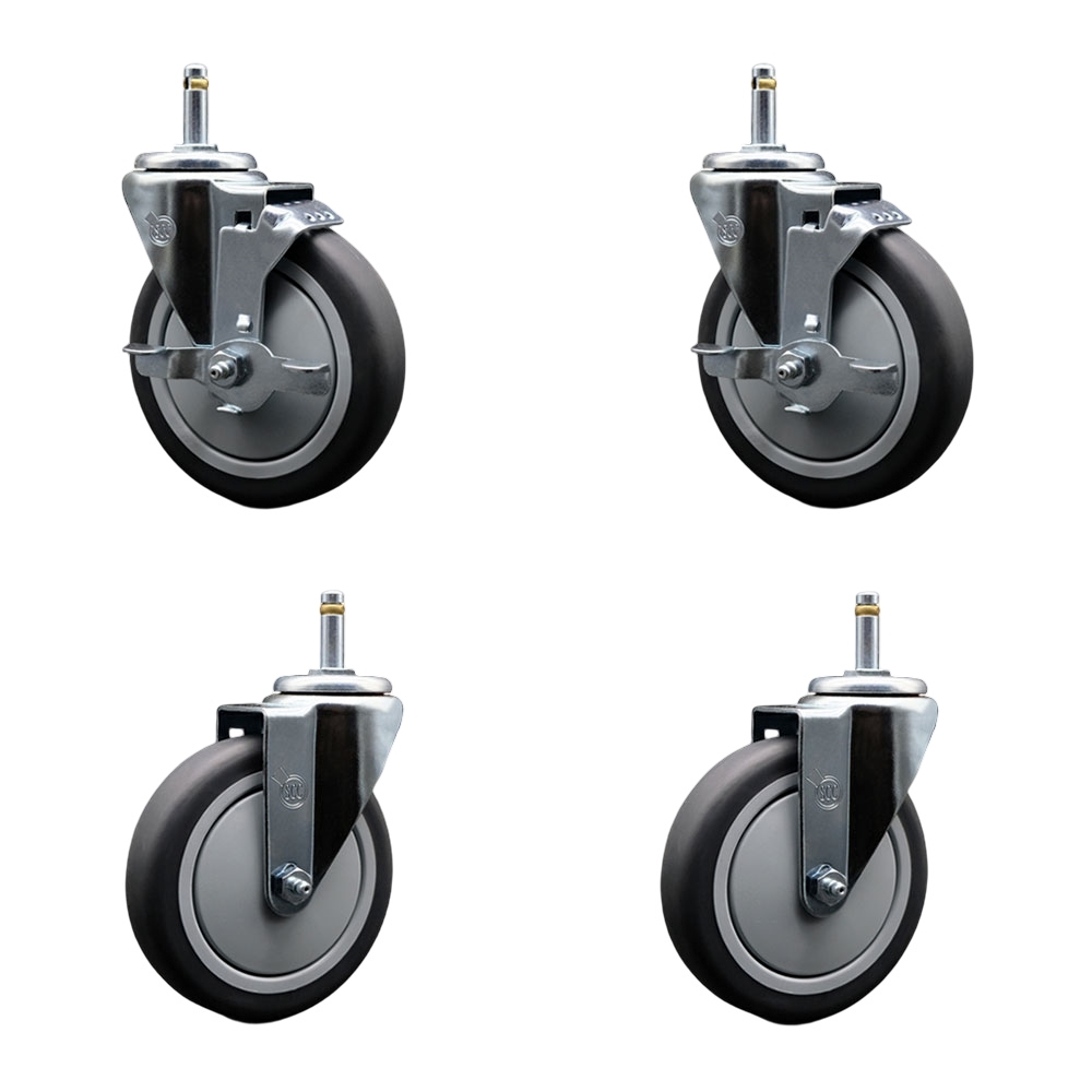 Thermoplastic Rubber Swivel Grip Ring Stem Caster Set of 4 - 5" x 1.25" Gray Wheels and 7/16" Stems - Includes 2 with Top Locking Brake - 1200 lbs Total Capacity - Service Caster Brand — photo 1