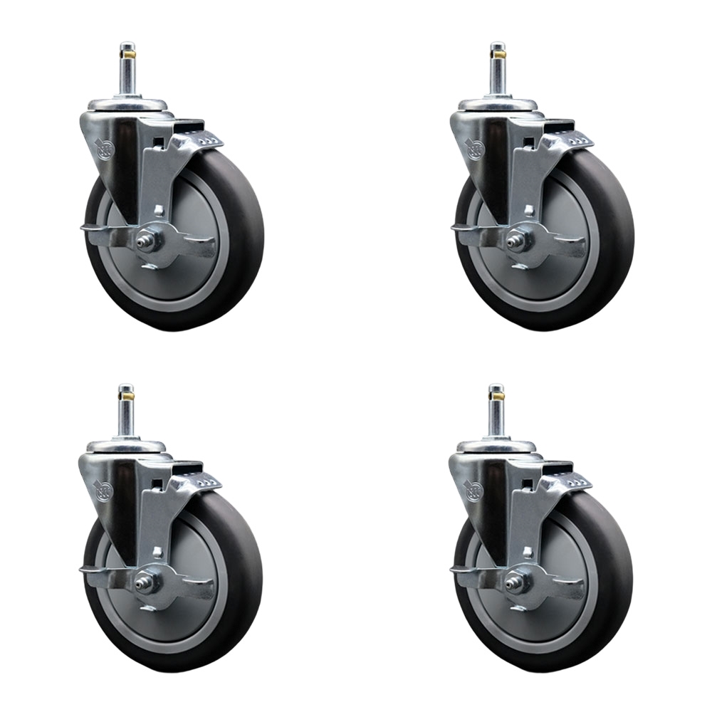 Thermoplastic Rubber Swivel Grip Ring Stem Caster Set of 4 w/5" x 1.25" Gray Wheels and 7/16" Stems - Includes 4 with Top Lock Brakes - 1200 lbs Total Capacity - Service Caster Brand — photo 1