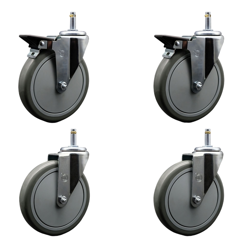 Polyurethane Swivel Grip Ring Stem Caster Set of 4 w/6" x 1.25"  Gray Wheels and 7/16" Stems - Includes 2 with Posi Locking Brake - 1400 lbs Total Capacity - Service Caster Brand — photo 1