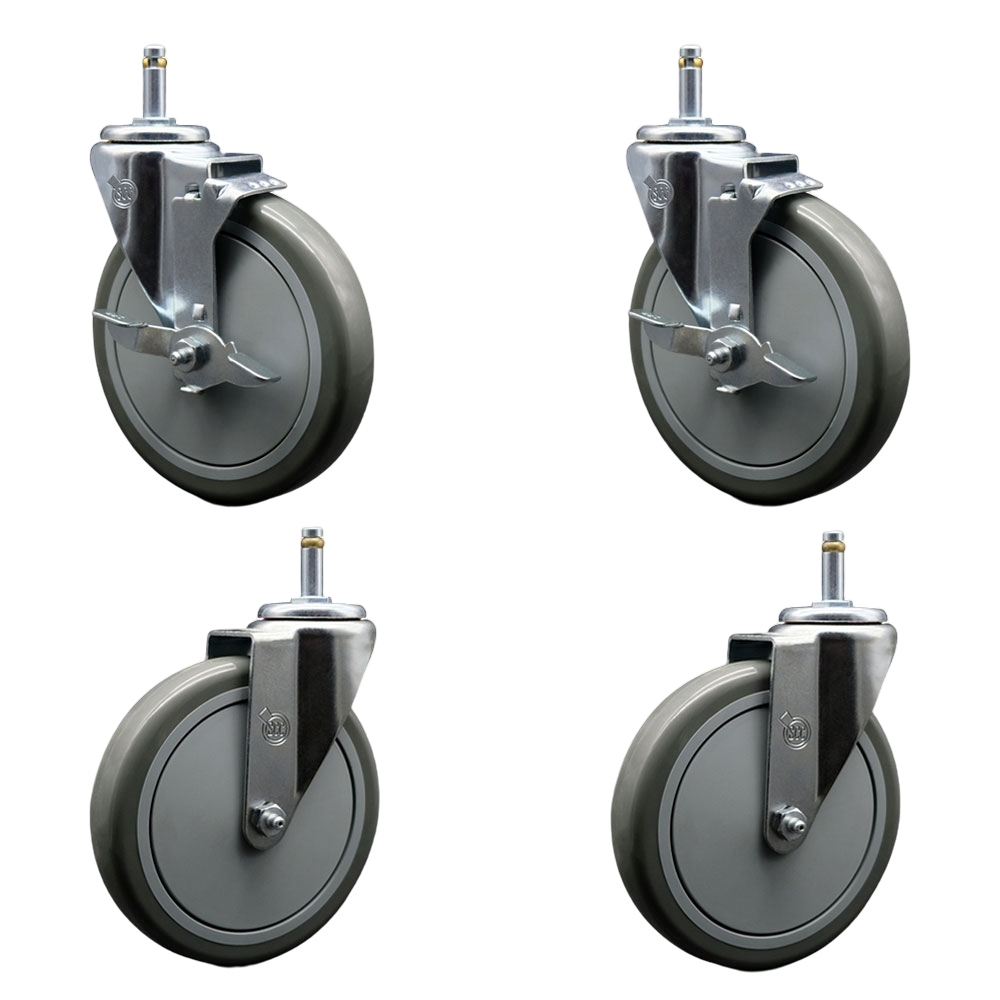 Polyurethane Swivel Grip Ring Stem Caster Set of 4 w/6" x 1.25"  Gray Wheels and 7/16" Stems - Includes 2 with Top Locking Brake - 1400 lbs Total Capacity - Service Caster Brand — photo 1