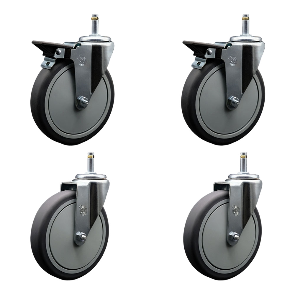 Thermoplastic Rubber Swivel Grip Ring Stem Caster Set of 4 - 6" x 1.25" Gray Wheels and 7/16" Stems - Includes 2 with Posi Locking Brake - 1200 lbs Total Capacity - Service Caster Brand — photo 1