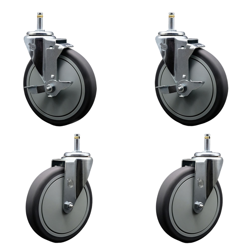 Thermoplastic Rubber Swivel Grip Ring Stem Caster Set of 4 - 6" x 1.25" Gray Wheels and 7/16" Stems - Includes 2 with Top Locking Brake - 1200 lbs Total Capacity - Service Caster Brand — photo 1