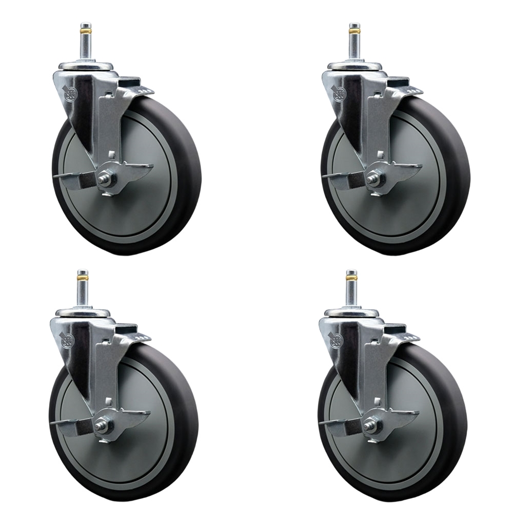 Thermoplastic Rubber Swivel Grip Ring Stem Caster Set of 4 w/6" x 1.25" Gray Wheels and 7/16" Stems - Includes 4 with Top Lock Brakes - 1200 lbs Total Capacity - Service Caster Brand — photo 1