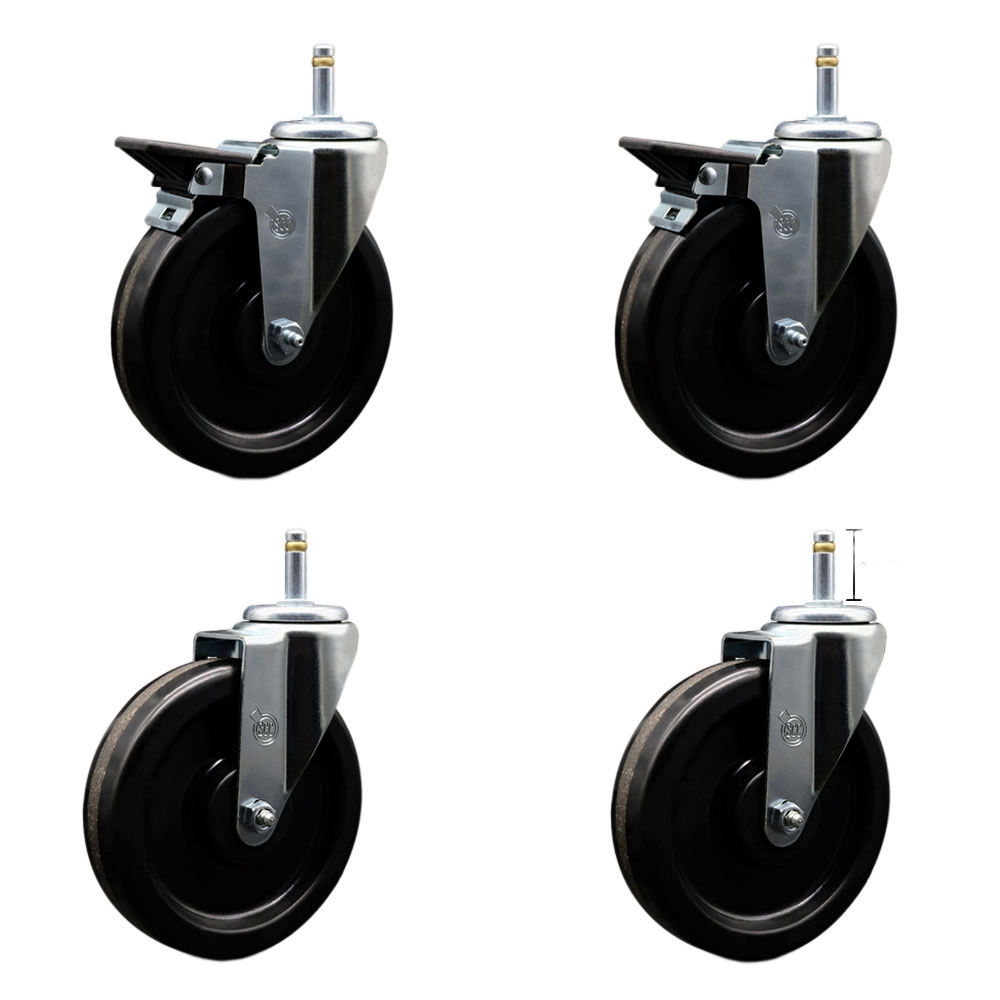 Phenolic Swivel Grip Ring Stem Caster Set of 4 w/Roller Bearing - 6" x 1.5" Black Wheels and 7/16" Stems - Includes 2 with Posi Locking Brake - 1200 lbs Total Capacity - Service Caster Brand — photo 1