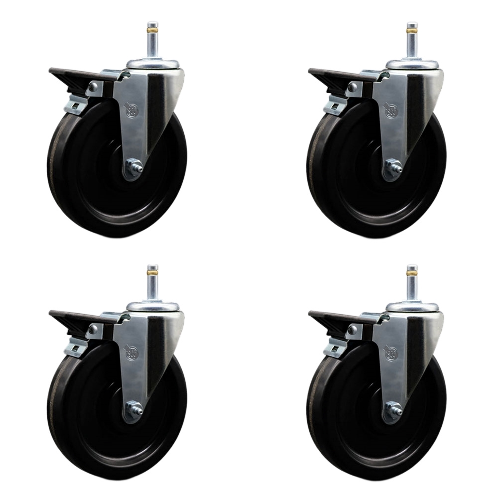 Phenolic Swivel Grip Ring Stem Caster Set of 4 w/6" x 1.5" Black Wheels and 7/16" Stems - Includes 4 with Posi Lock Brakes - 1200 lbs Total Capacity - Service Caster Brand — photo 1
