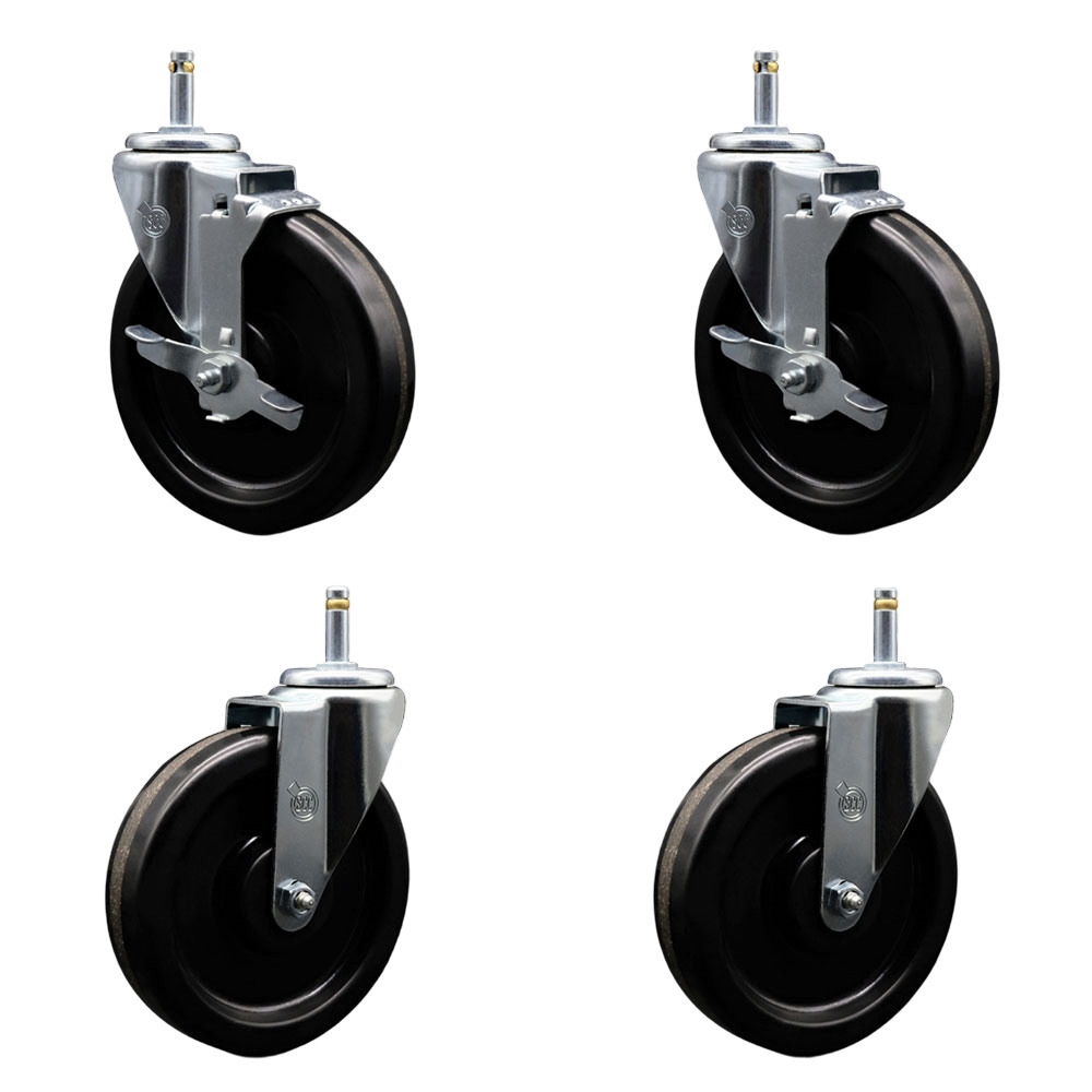 Phenolic Swivel Grip Ring Stem Caster Set of 4 - 6" x 1.5" Black Wheels and 7/16" Stems - Includes 2 with Top Locking Brake - 1200 lbs Total Capacity - Service Caster Brand — photo 1