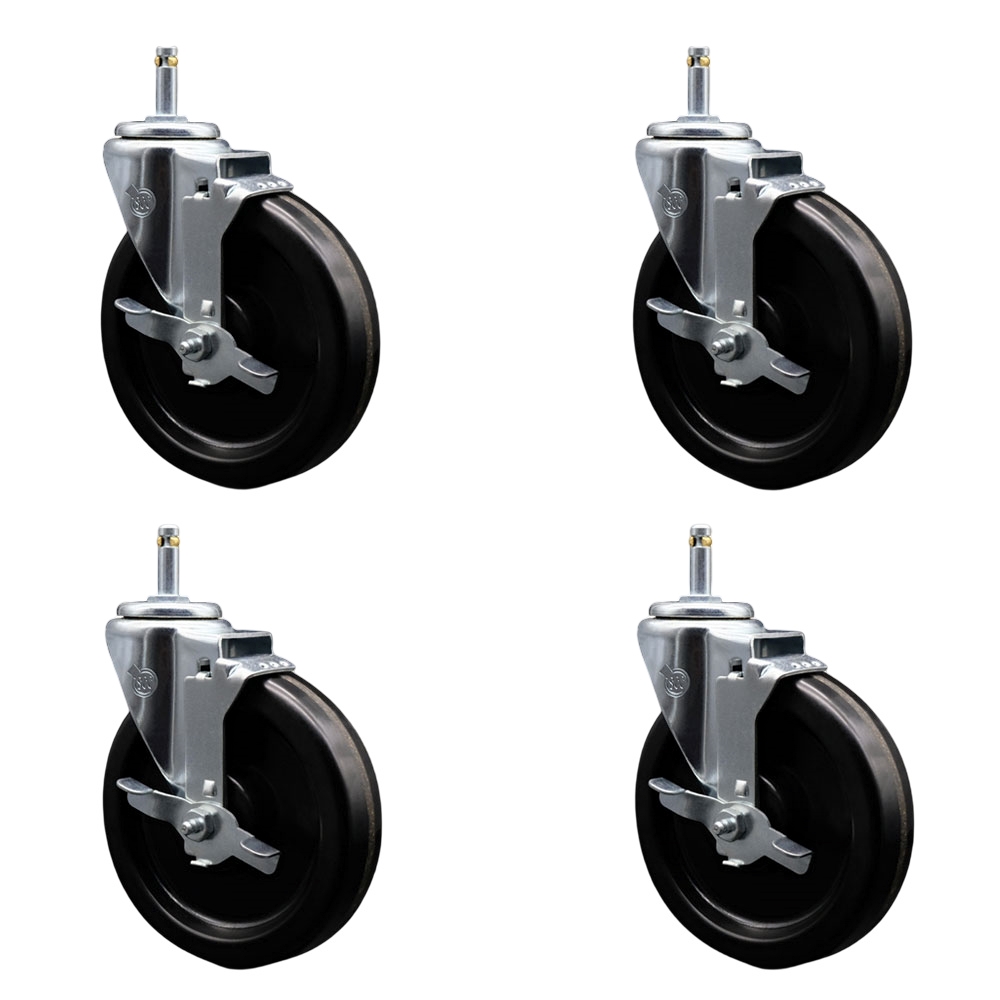 Phenolic Swivel Grip Ring Stem Caster Set of 4 w/6" x 1.5" Black Wheels and 7/16" Stems - Includes 4 with Top Lock Brakes - 1200 lbs Total Capacity - Service Caster Brand — photo 1