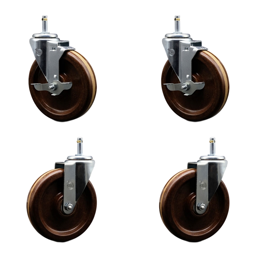 High Temperature Phenolic Swivel Grip Ring Stem Caster Set of 4 - 6" x 1.5" Brown Wheels and 7/16" Stems - Includes 2 with Top Locking Brake - 1200 lbs Total Capacity - Service Caster Brand — photo 1