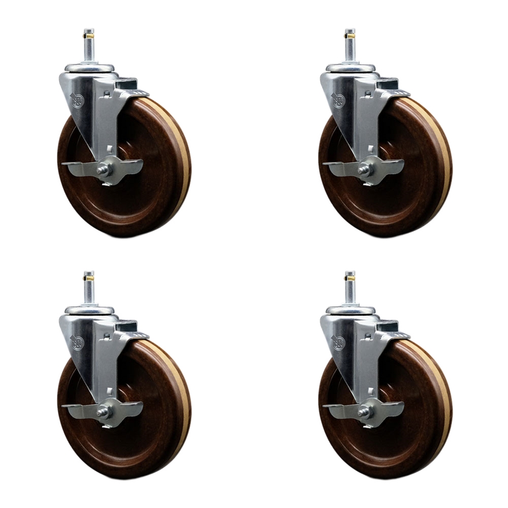 High Temperature Phenolic Swivel Grip Ring Stem Caster w/Roller Bearing Set of 4 w/6" x 1.5" Brown Wheels & 7/16" Stems - Includes 4 with Top Lock Brakes- 1200 lbs Total Capacity-Service Caster Brand — photo 1