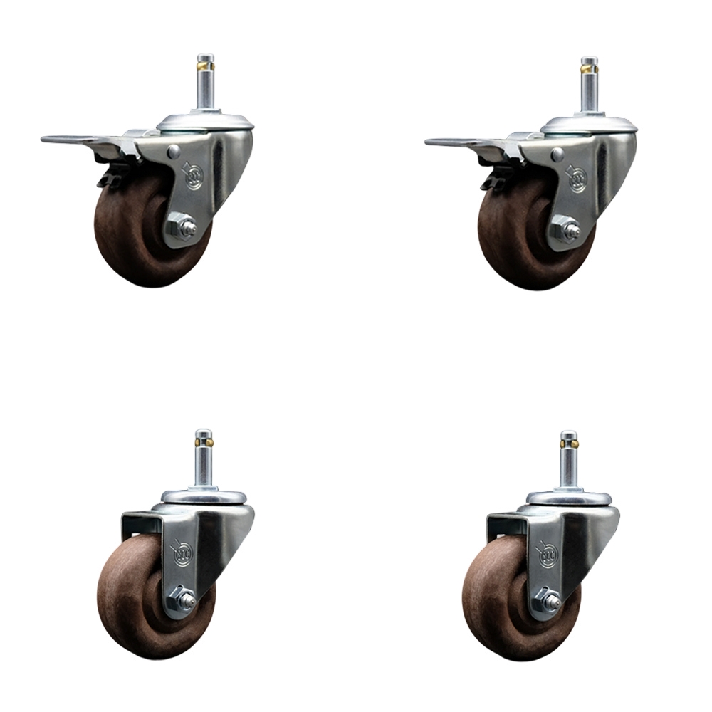 High Temp Glass Filled Nylon Swivel Grip Ring Stem Caster Set of 4 w/3" x 1.25" Brown Wheels and 7/16" Stems - Includes 2 with Total Locking Brake - 1400 lbs Total Capacity - Service Caster Brand — photo 1