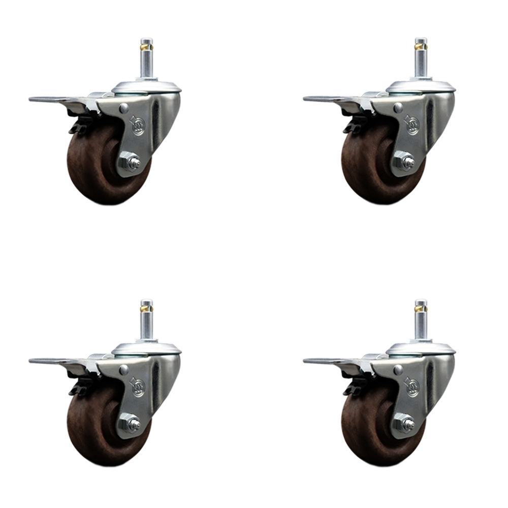 High Temp Glass Filled Nylon Swivel Grip Ring Stem Caster Set of 4 w/3" x 1.25" Brown Wheels and 7/16" Stems - Includes 4 with Total Lock Brakes - 1400 lbs Total Capacity - Service Caster Brand — photo 1