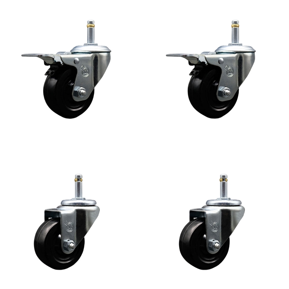 Hard Rubber Swivel Grip Ring Stem Caster Set of 4 w/3" x 1.25" Black Wheels and 7/16" Stems - Includes 2 with Total Locking Brake - 1100 lbs Total Capacity - Service Caster Brand — photo 1