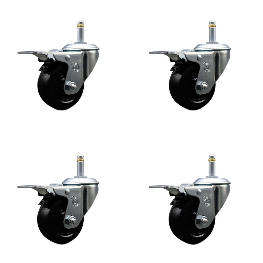 Hard Rubber Swivel Grip Ring Stem Caster Set of 4 w/3" x 1.25" Black Wheels and 7/16" Stems - Includes 4 with Total Lock Brakes - 1100 lbs Total Capacity - Service Caster Brand — photo 1