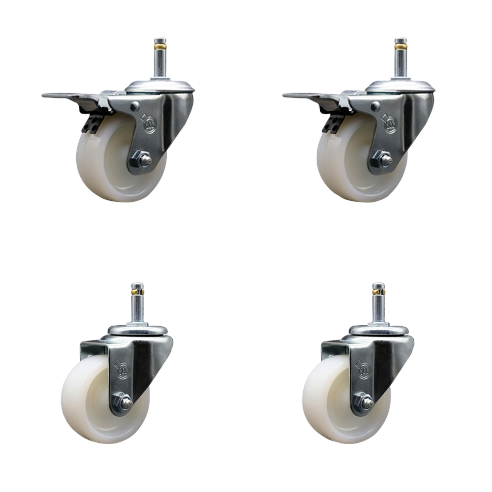 Nylon Swivel Grip Ring Stem Caster Set of 4 w/3" x 1.25" White Wheels and 7/16" Stems - Includes 2 with Total Locking Brake - 1200 lbs Total Capacity - Service Caster Brand — photo 1