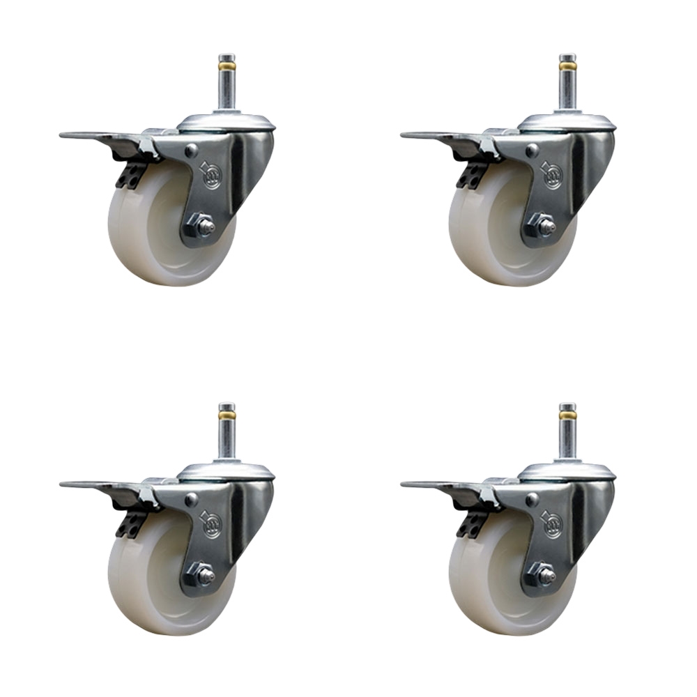 Nylon Swivel Grip Ring Stem Caster Set of 4 w/3" x 1.25" White Wheels and 7/16" Stems - Includes 4 with Total Lock Brakes - 1200 lbs Total Capacity - Service Caster Brand — photo 1