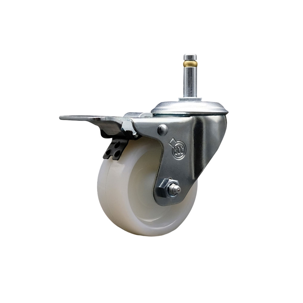 Nylon Swivel Grip Ring Stem Caster w/3" x 1.25" White Wheel and 7/16" Stem & Total Locking Brake - 300 lbs Capacity/Caster - Service Caster Brand — photo 1