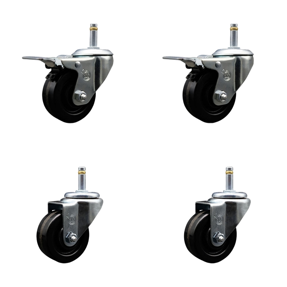 Phenolic Swivel Grip Ring Stem Caster Set of 4 w/Roller Bearing - 3" x 1.25" Black Wheels and 7/16" Stems - Includes 2 with Total Locking Brake - 1200 lbs Total Capacity - Service Caster Brand — photo 1