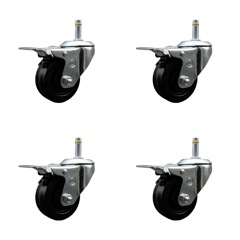 Phenolic Swivel Grip Ring Stem Caster Set of 4 w/3" x 1.25" Black Wheels and 7/16" Stems - Includes 4 with Total Lock Brakes - 1200 lbs Total Capacity - Service Caster Brand — photo 1
