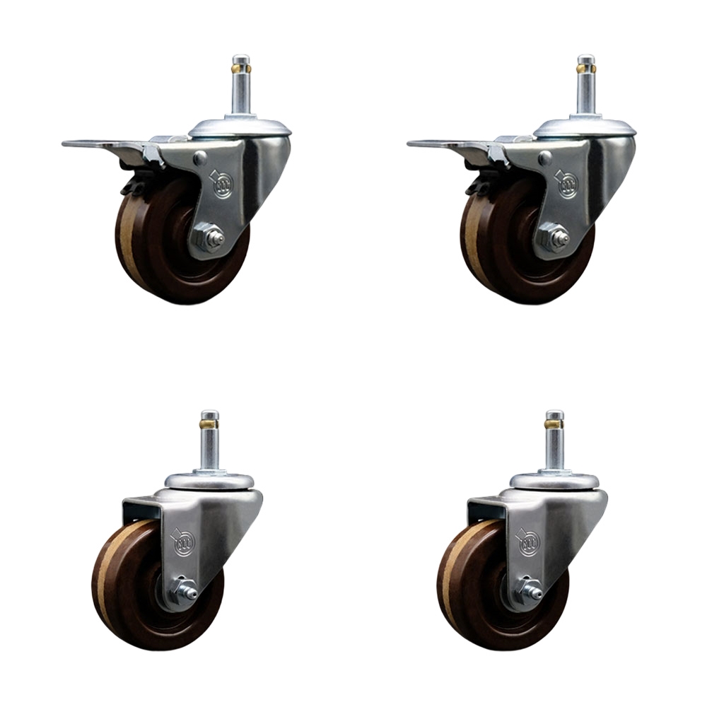High Temperature Phenolic Swivel Grip Ring Stem Caster Set of 4 - 3" x 1.25" Brown Wheels and 7/16" Stems - Includes 2 with Total Locking Brake - 1200 lbs Total Capacity - Service Caster Brand — photo 1