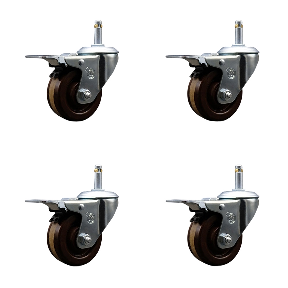 High Temperature Phenolic Swivel Grip Ring Stem Caster Set of 4 w/3" x 1.25" Brown Wheels and 7/16" Stems - Includes 4 with Total Lock Brakes - 1200 lbs Total Capacity - Service Caster Brand — photo 1