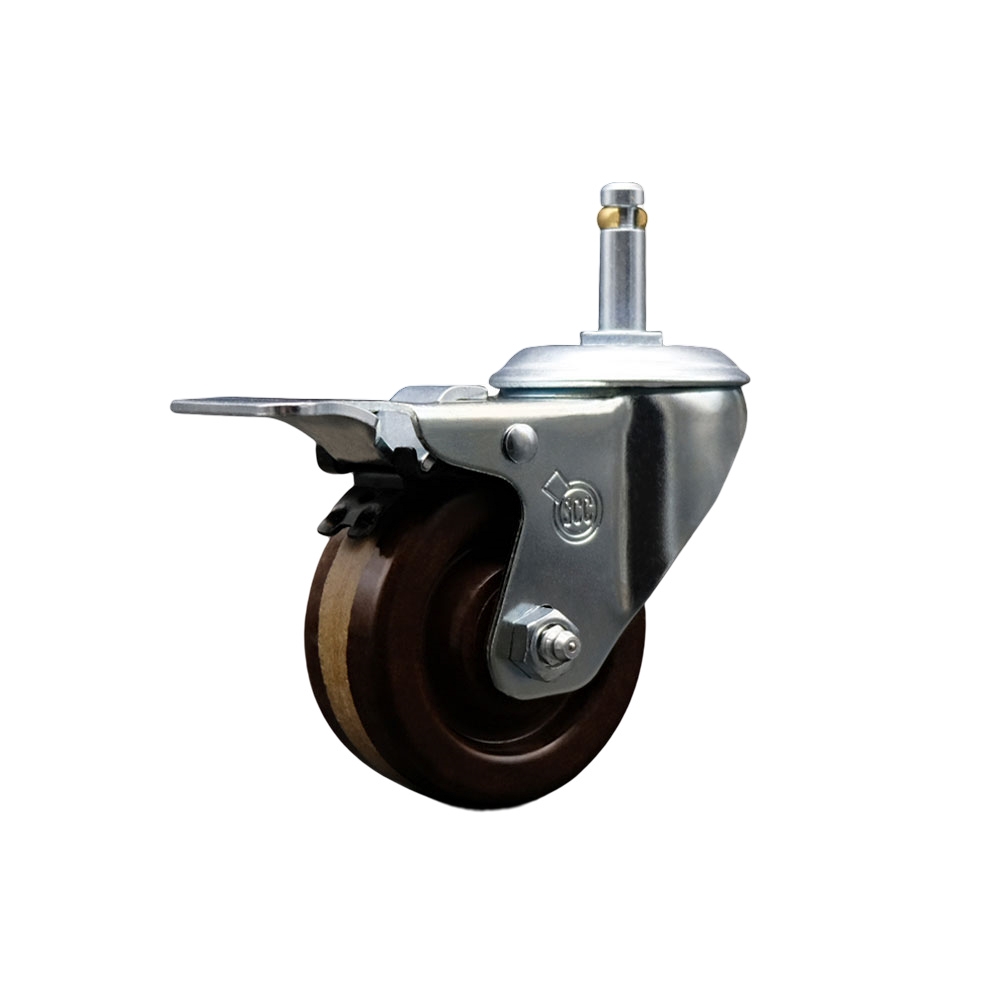 High Temperature Phenolic Swivel Grip Ring Stem Caster - 3" x 1.25" Brown Wheel and 7/16" Stem & Total Locking Brake - 300 lbs Capacity/Caster - Service Caster Brand — photo 1