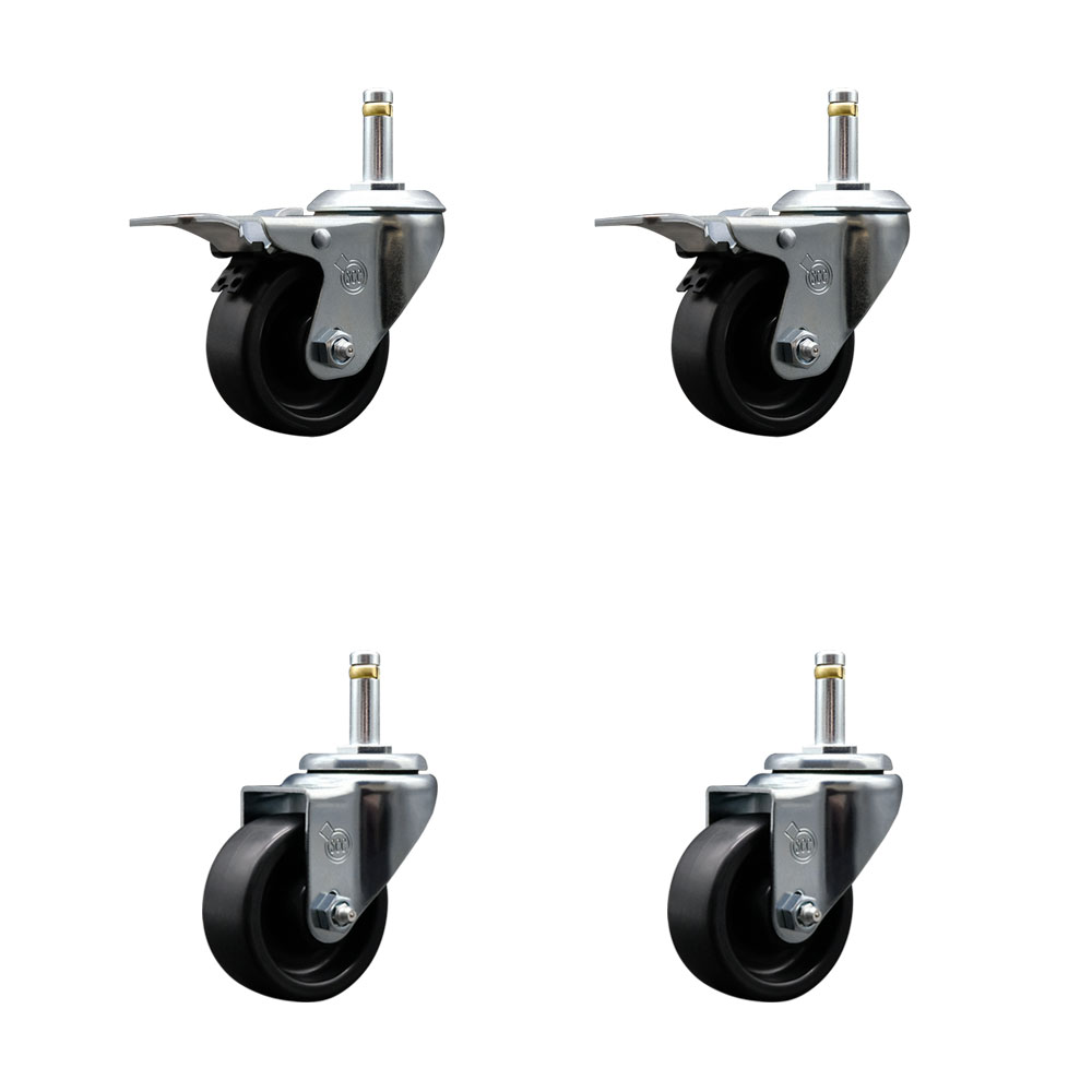 Polyolefin Swivel Grip Ring Stem Caster Wheels Set of 4 with 3 Inch Black Wheels and 7/16" Stems - Includes 2 with Total Lock Brakes - 1200 lbs. Total Capacity - Service Caster Brand — photo 1