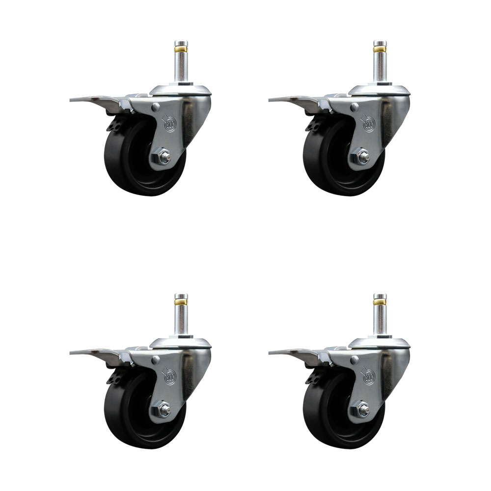Polyolefin Swivel Grip Ring Stem Caster Wheels Set of 4 with 3 Inch Black Wheels and 7/16" Stems - Includes 4 with Total Lock Brakes - 1200 lbs. Total Capacity - Service Caster Brand — photo 1