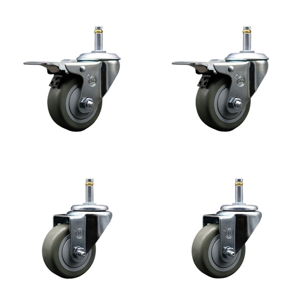 Polyurethane Swivel Grip Ring Stem Caster Set of 4 w/3" x 1.25"  Gray Wheels and 7/16" Stems - Includes 2 with Total Locking Brake - 1200 lbs Total Capacity - Service Caster Brand — photo 1