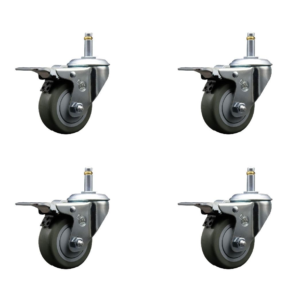 Polyurethane Swivel Grip Ring Stem Caster Set of 4 w/3" x 1.25" Gray Wheels and 7/16" Stems - Includes 4 with Total Lock Brakes - 1200 lbs Total Capacity - Service Caster Brand — photo 1