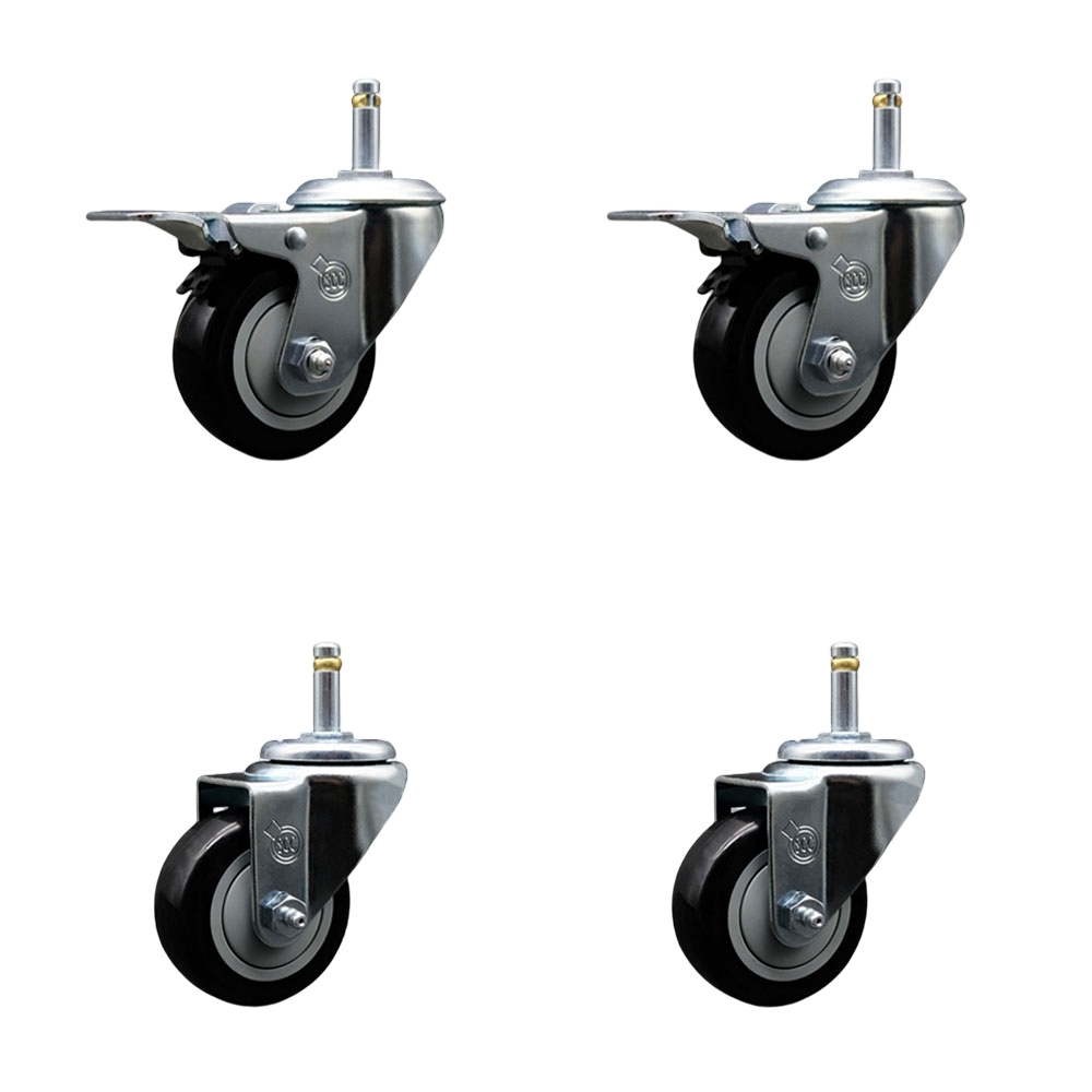 Polyurethane Swivel Grip Ring Stem Caster Set of 4 w/3" x 1.25" Black Wheels and 7/16" Stems - Includes 2 with Total Locking Brake - 1200 lbs Total Capacity - Service Caster Brand — photo 1