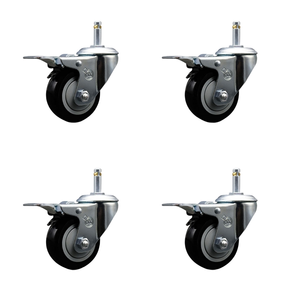 Polyurethane Swivel Grip Ring Stem Caster Set of 4 w/3" x 1.25" Black Wheels and 7/16" Stems - Includes 4 with Total Lock Brakes - 1200 lbs Total Capacity - Service Caster Brand — photo 1
