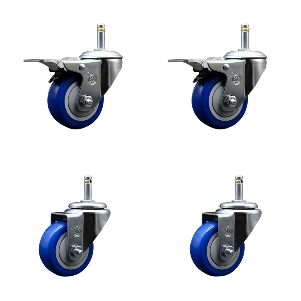 Polyurethane Swivel Grip Ring Stem Caster Set of 4 w/3" x 1.25" Blue Wheels and 7/16" Stems - Includes 2 with Total Locking Brake - 1200 lbs Total Capacity - Service Caster Brand — photo 1