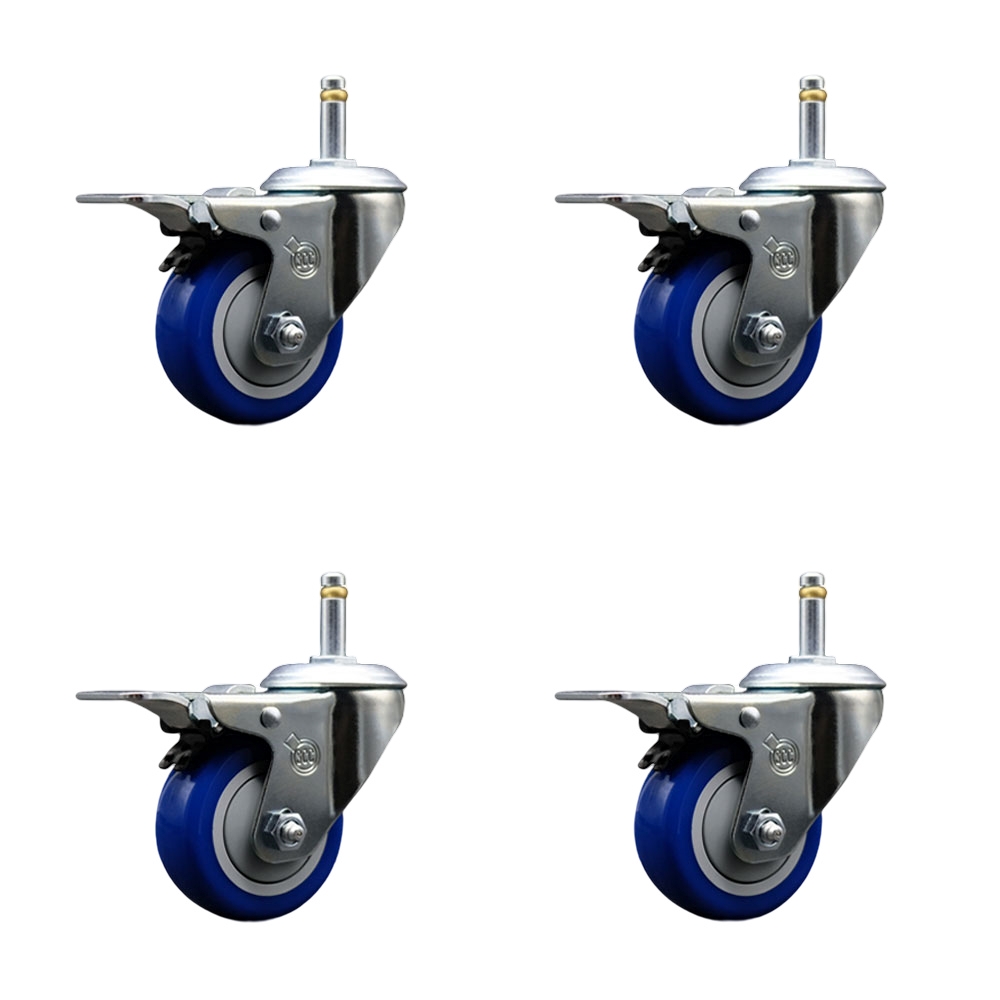 Polyurethane Swivel Grip Ring Stem Caster Set of 4 w/3" x 1.25" Blue Wheels and 7/16" Stems - Includes 4 with Total Lock Brakes - 1200 lbs Total Capacity - Service Caster Brand — photo 1