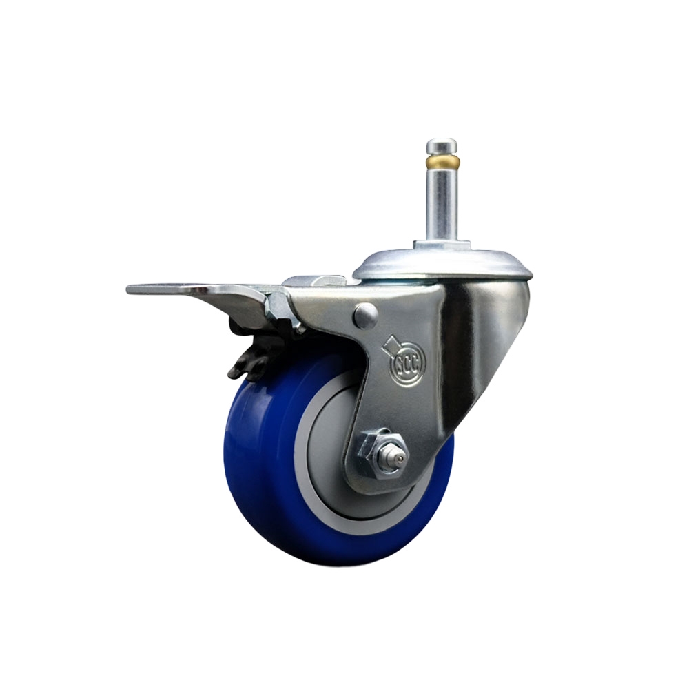 Polyurethane Swivel Grip Ring Stem Caster w/3" x 1.25" Blue Wheel and 7/16" Stem & Total Locking Brake - 300 lbs Capacity/Caster - Service Caster Brand — photo 1