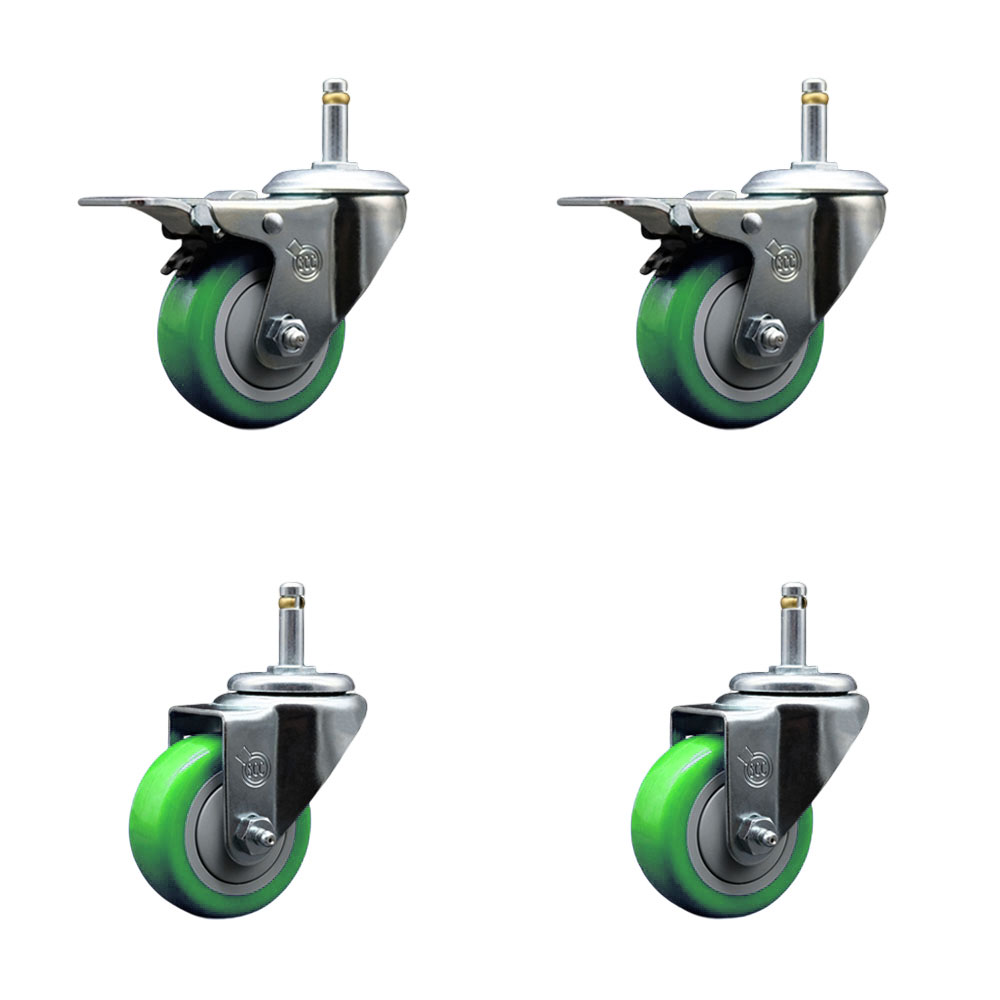 Polyurethane Swivel Grip Ring Stem Caster Set of 4 w/3" x 1.25"  Green Wheels and 7/16" Stems - Includes 2 with Total Locking Brake - 1200 lbs Total Capacity - Service Caster Brand — photo 1