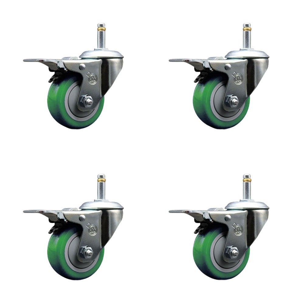 Polyurethane Swivel Grip Ring Stem Caster Set of 4 w/3" x 1.25" Green Wheels and 7/16" Stems - Includes 4 with Total Lock Brakes - 1200 lbs Total Capacity - Service Caster Brand — photo 1