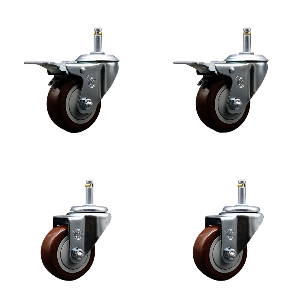 Polyurethane Swivel Grip Ring Stem Caster Set of 4 w/3" x 1.25"  Maroon Wheels and 7/16" Stems - Includes 2 with Total Locking Brake - 1200 lbs Total Capacity - Service Caster Brand — photo 1