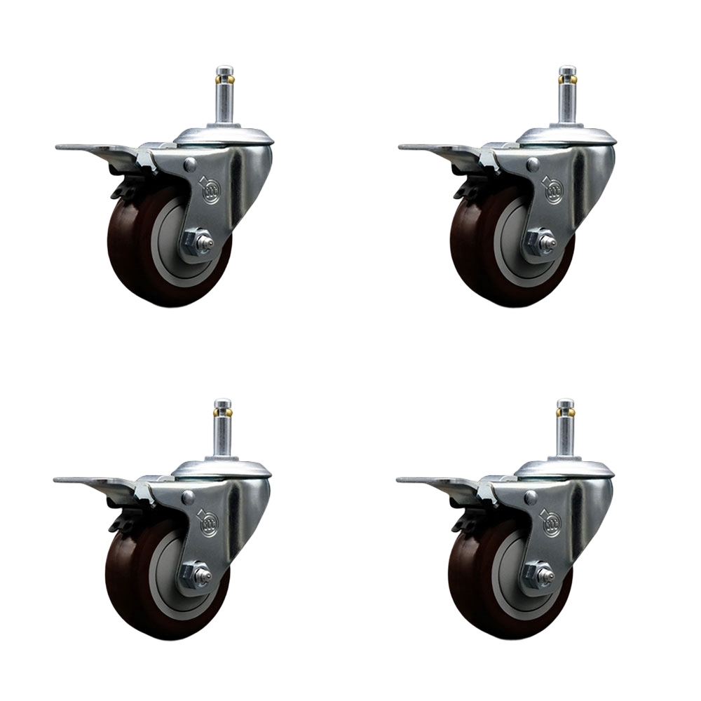 Polyurethane Swivel Grip Ring Stem Caster Set of 4 w/3" x 1.25" Maroon Wheels and 7/16" Stems - Includes 4 with Total Lock Brakes - 1200 lbs Total Capacity - Service Caster Brand — photo 1