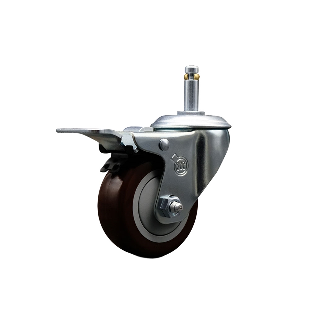 Polyurethane Swivel Grip Ring Stem Caster w/3" x 1.25"  Maroon Wheel and 7/16" Stem & Total Locking Brake - 300 lbs Capacity/Caster - Service Caster Brand — photo 1