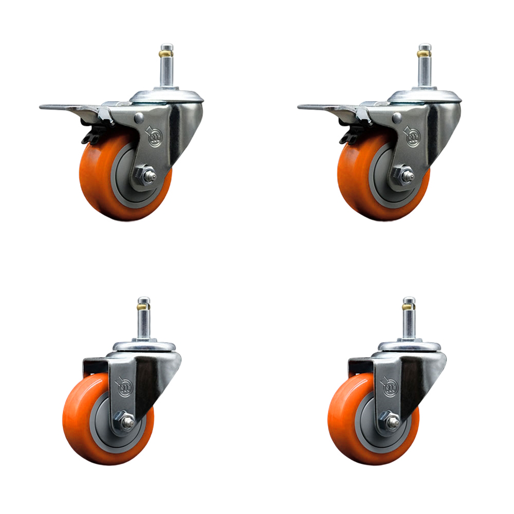 Polyurethane Swivel Grip Ring Stem Caster Set of 4 w/3" x 1.25"  Orange Wheels and 7/16" Stems - Includes 2 with Total Locking Brake - 1200 lbs Total Capacity - Service Caster Brand — photo 1