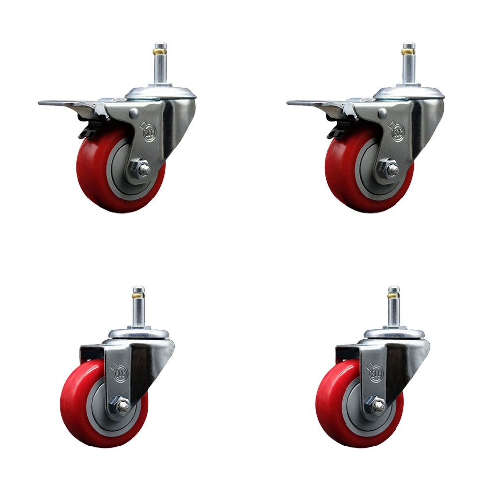 Polyurethane Swivel Grip Ring Stem Caster Set of 4 w/3" x 1.25"  Red Wheels and 7/16" Stems - Includes 2 with Total Locking Brake - 1200 lbs Total Capacity - Service Caster Brand — photo 1