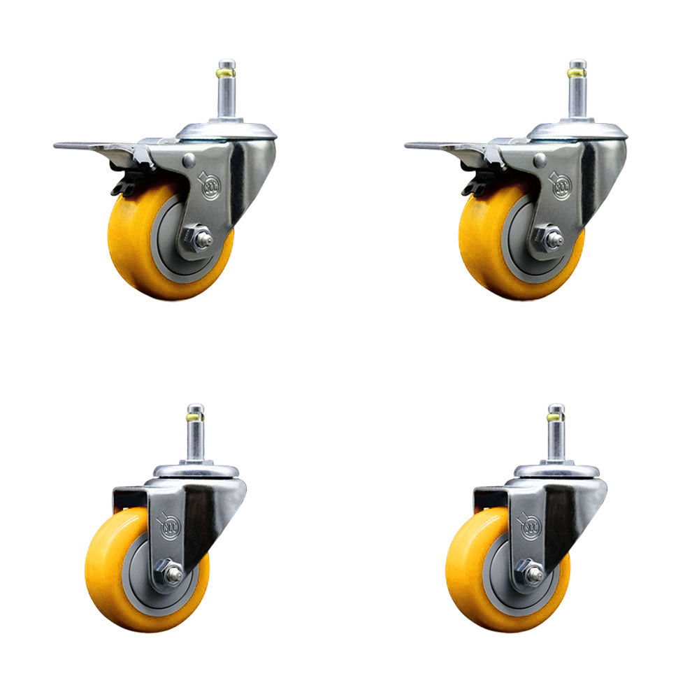 Polyurethane Swivel Grip Ring Stem Caster Set of 4 w/3" x 1.25"  Yellow Wheels and 7/16" Stems - Includes 2 with Total Locking Brake - 1200 lbs Total Capacity - Service Caster Brand — photo 1