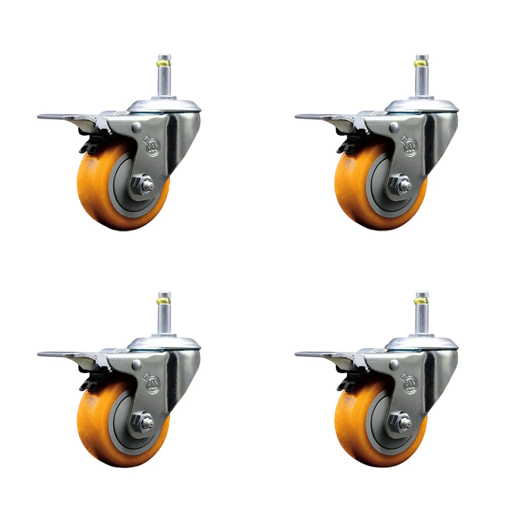 Polyurethane Swivel Grip Ring Stem Caster Set of 4 w/3" x 1.25" Yellow Wheels and 7/16" Stems - Includes 4 with Total Lock Brakes - 1200 lbs Total Capacity - Service Caster Brand — photo 1