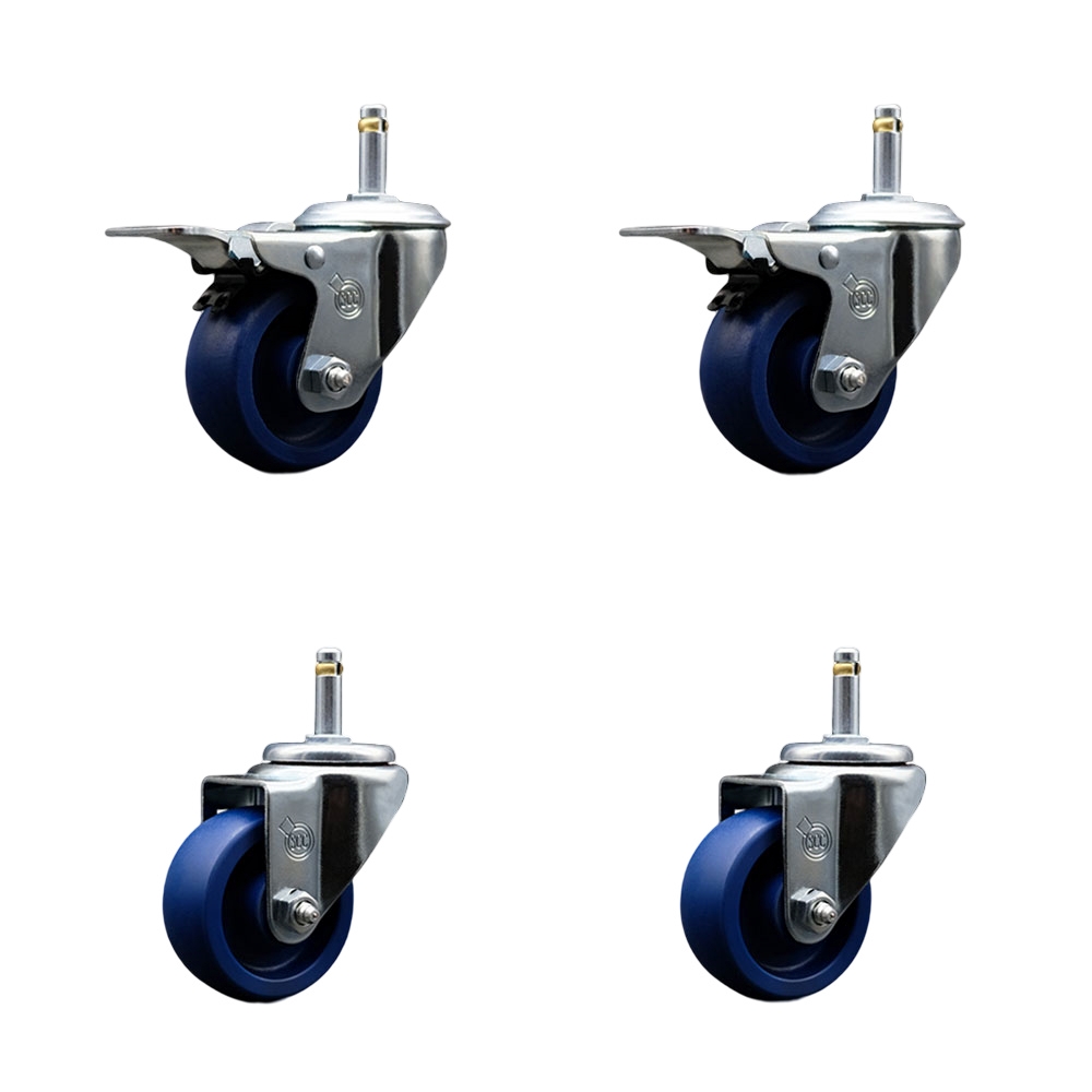 Solid Polyurethane Swivel Grip Ring Stem Caster Set of 4 w/3" x 1.25" Blue Wheels and 7/16" Stems - Includes 2 with Total Locking Brake - 1200 lbs Total Capacity - Service Caster Brand — photo 1