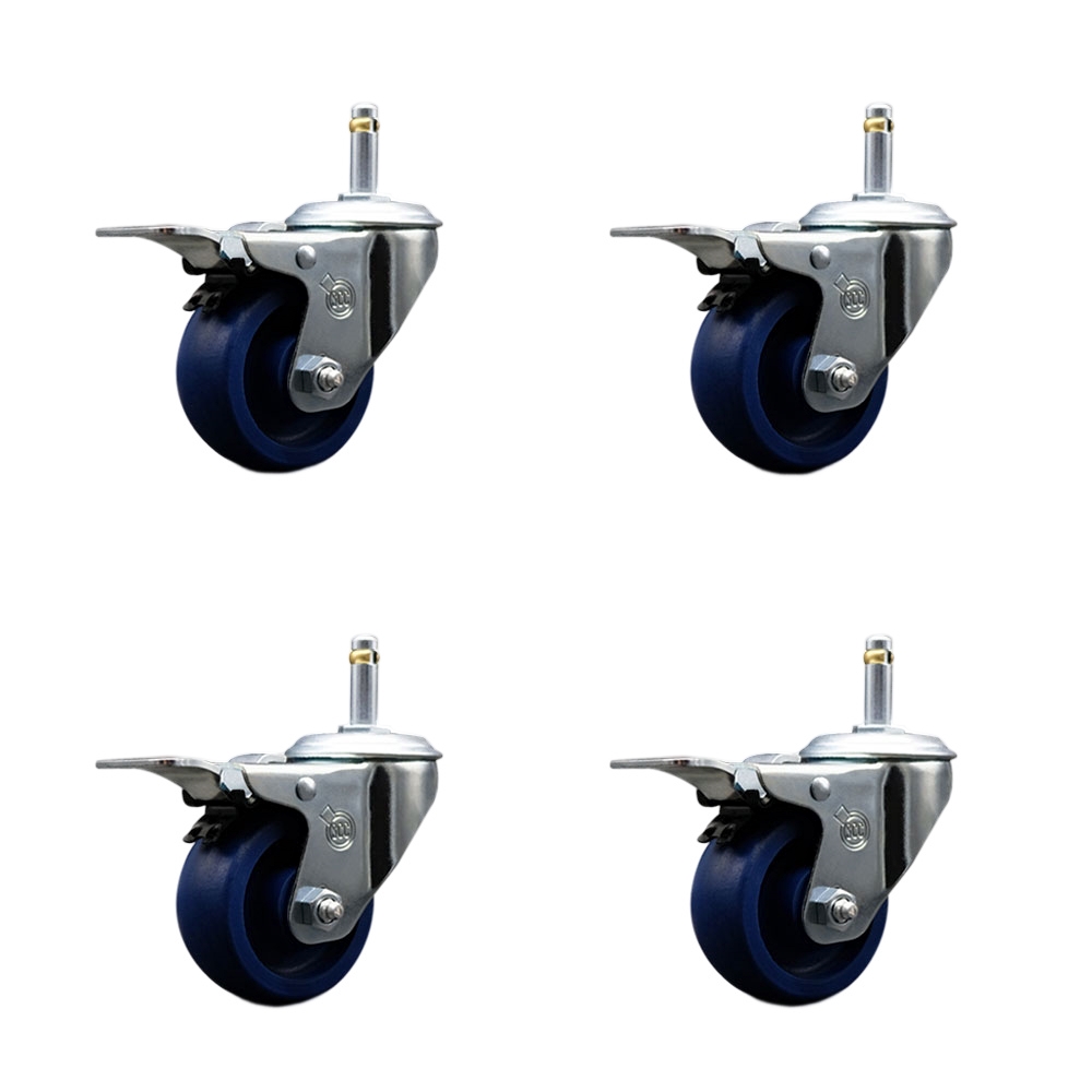 Solid Polyurethane Swivel Grip Ring Stem Caster Set of 4 w/3" x 1.25" Blue Wheels and 7/16" Stems - Includes 4 with Total Lock Brakes - 1200 lbs Total Capacity - Service Caster Brand — photo 1