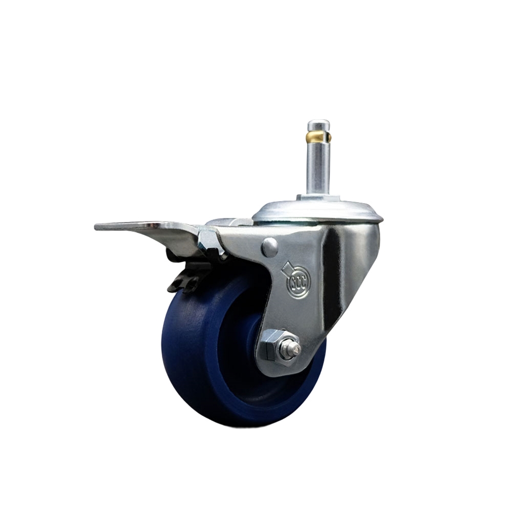 Solid Polyurethane Swivel Grip Ring Stem Caster w/3" x 1.25" Blue Wheel and 7/16" Stem & Total Locking Brake - 300 lbs Capacity/Caster - Service Caster Brand — photo 1